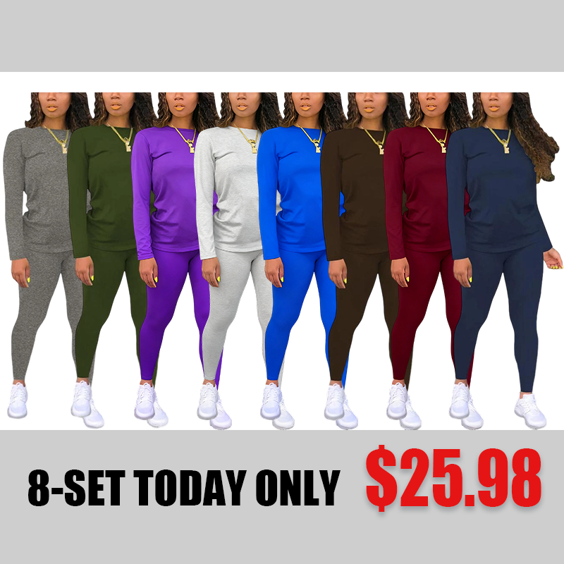 Women's Minimalist Chic Solid Long Sleeve Tee & Elastic Waist Pants Set, Lady Regular Fit Basic Casual Fitted Round Neck Longsleeves Top & Trousers for Spring & Fall, Women's Clothing for Daily Wear, Fabric Womenswear, Casual Loungewear Set