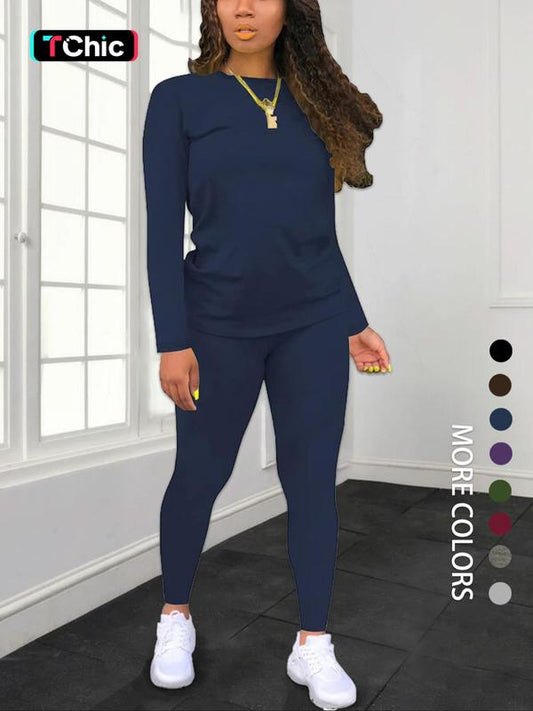 Women's Minimalist Chic Solid Long Sleeve Tee & Elastic Waist Pants Set