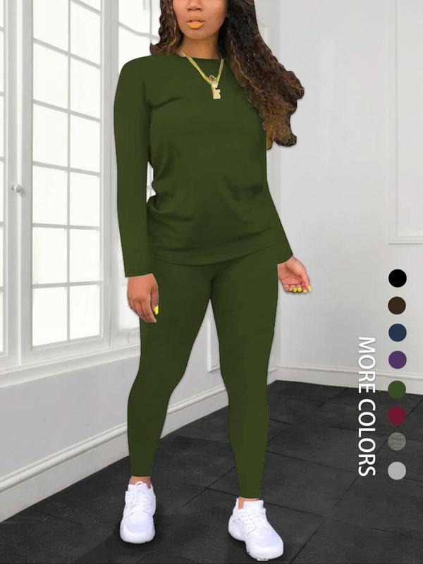 Women's Minimalist Chic Solid Long Sleeve Tee & Elastic Waist Pants Set, Lady Regular Fit Basic Casual Fitted Round Neck Longsleeves Top & Trousers for Spring & Fall, Women's Clothing for Daily Wear, Fabric Womenswear, Casual Loungewear Set