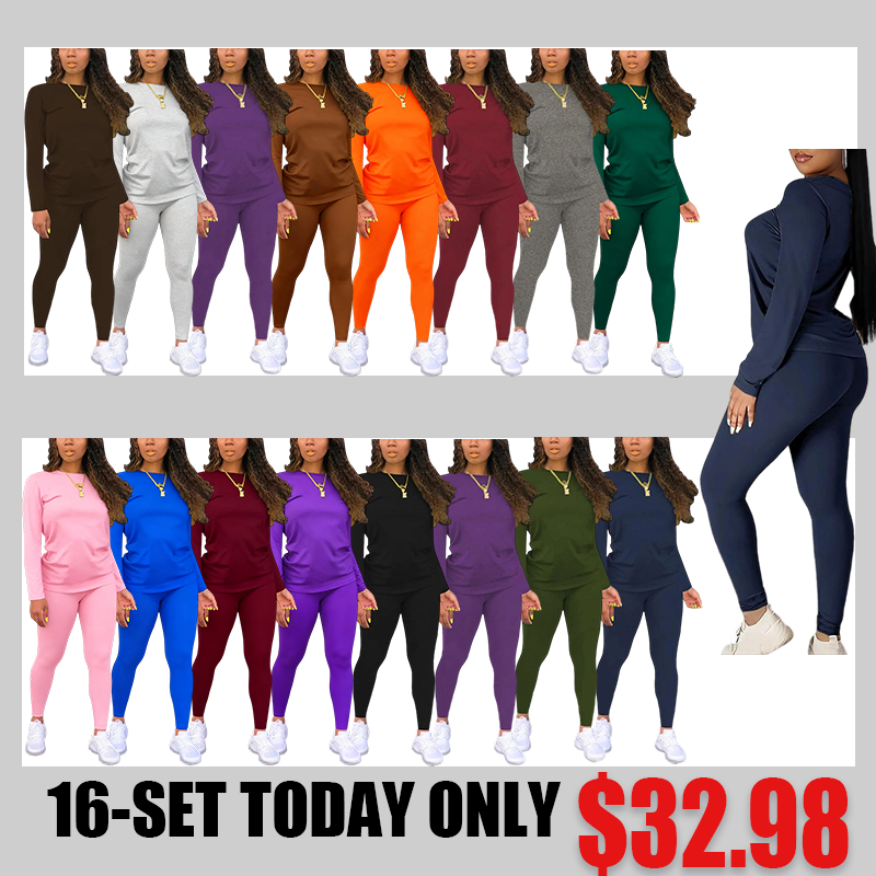 Women's Minimalist Chic Solid Long Sleeve Tee & Elastic Waist Pants Set, Lady Regular Fit Basic Casual Fitted Round Neck Longsleeves Top & Trousers for Spring & Fall, Women's Clothing for Daily Wear, Fabric Womenswear, Casual Loungewear Set