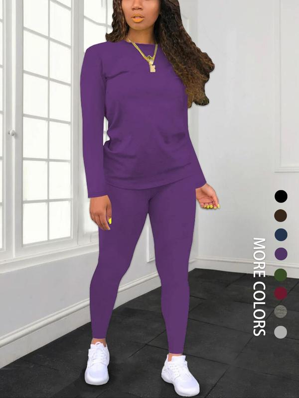 Women's Minimalist Chic Solid Long Sleeve Tee & Elastic Waist Pants Set