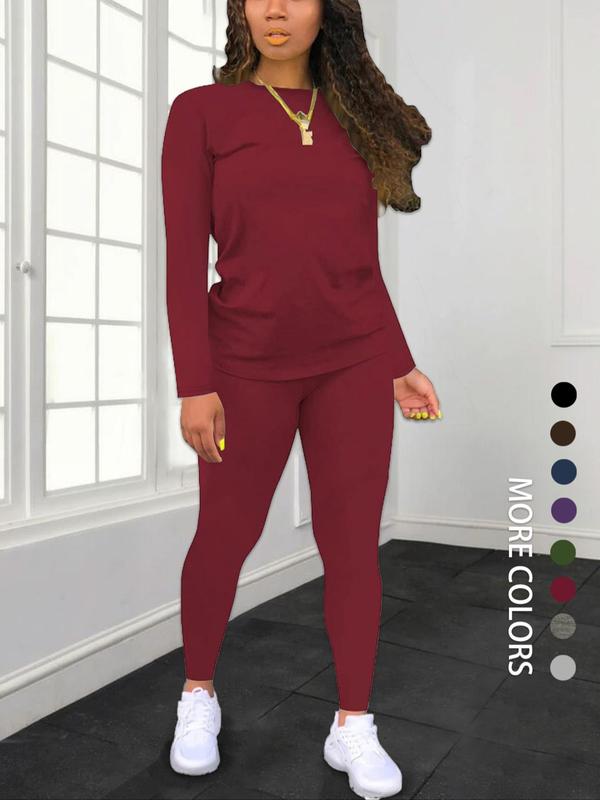 Women's Minimalist Chic Solid Long Sleeve Tee & Elastic Waist Pants Set