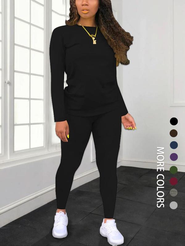 Women's Minimalist Chic Solid Long Sleeve Tee & Elastic Waist Pants Set, Lady Regular Fit Basic Casual Fitted Round Neck Longsleeves Top & Trousers for Spring & Fall, Women's Clothing for Daily Wear, Fabric Womenswear, Casual Loungewear Set